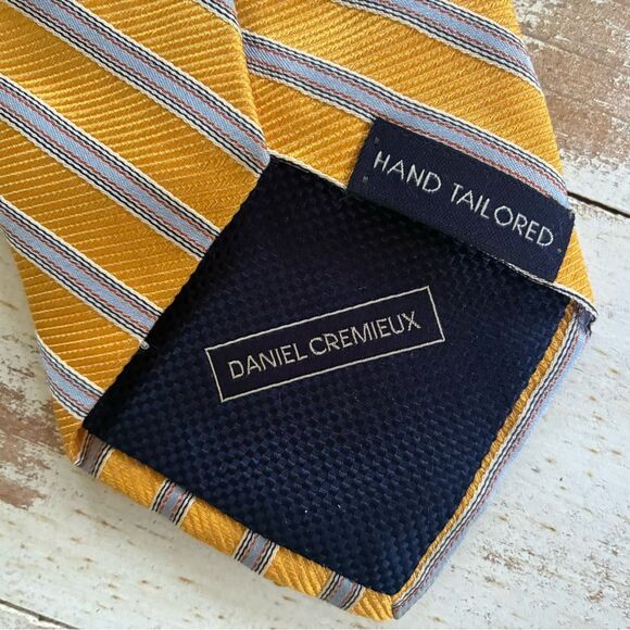 DANIEL CREMIEUX handmade silk tie yellow blue gray stripes men’s necktie EUC - Picture 5 of 10